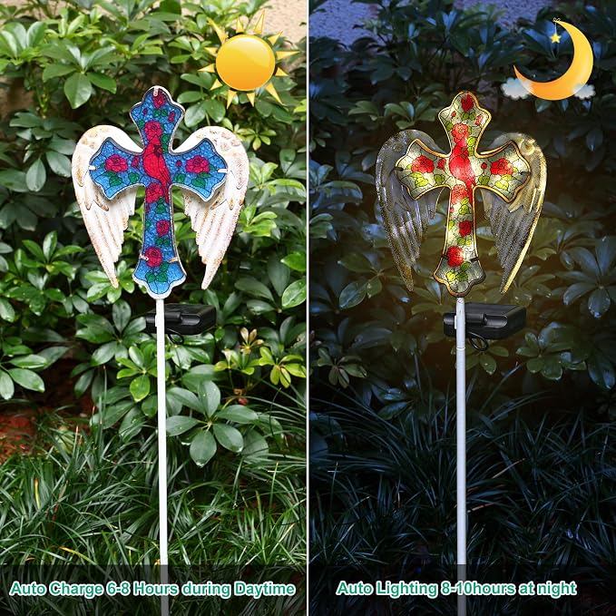 YJFWAL Cardinal Bird&Rose Cross Garden Stake Light, Solar Glass Cross - Image 2