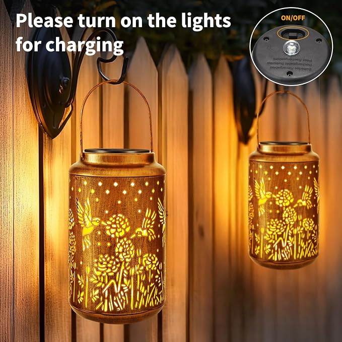 Brizled Hummingbird Solar Lantern Lights, 2 Pack LED Hollow Out Hanging Lantern - Image 6