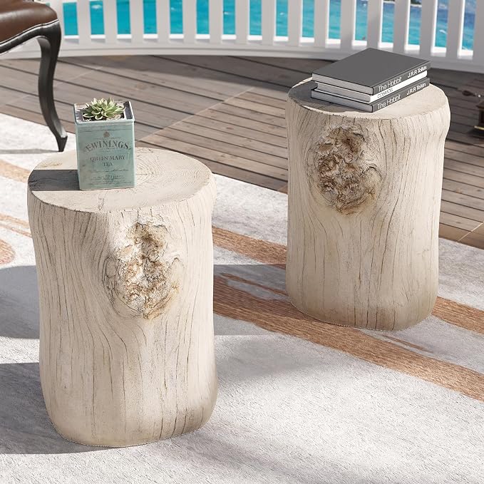 SUNBURY Outdoor Side Table Set of 2, Tree Stump Side Table Antique Beige - Image 3