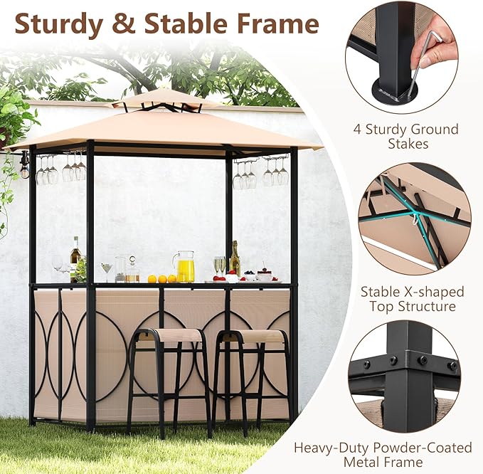 Tangkula 3-Piece Patio Bar Set, Grill Gazebo & 2 Bar Stools - Image 6