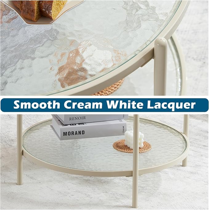 VINGLI 25.6" Small Cream White Round Coffee Table Water-Wave Glass Circle Clear - Image 6