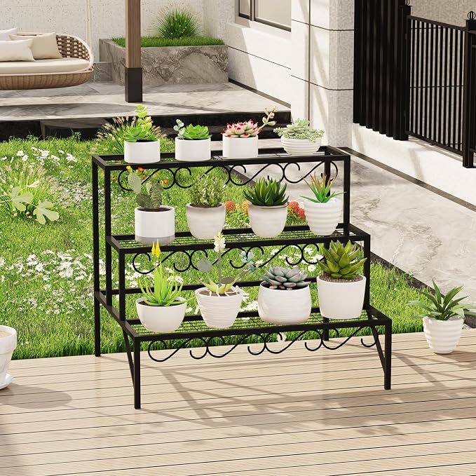 3 Tier Metal Plant Stand Outdoor Indoor, Heavy Duty Flower Pot Holder Display - Image 5