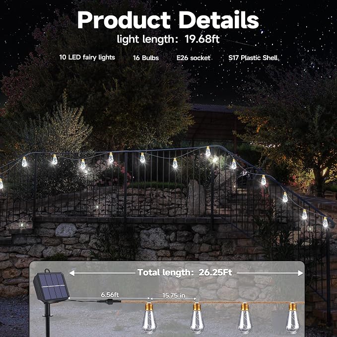 Solar Outdoor String Lights, 2 Pack 20Ft Vintage Rope Hemp Solar Patio Lights - Image 3