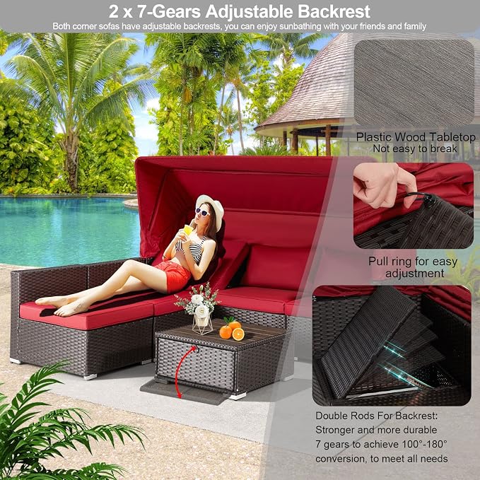 Vicluke 6 Pieces Patio Conversation Sets, Rectangle Wicker Daybed - Image 3