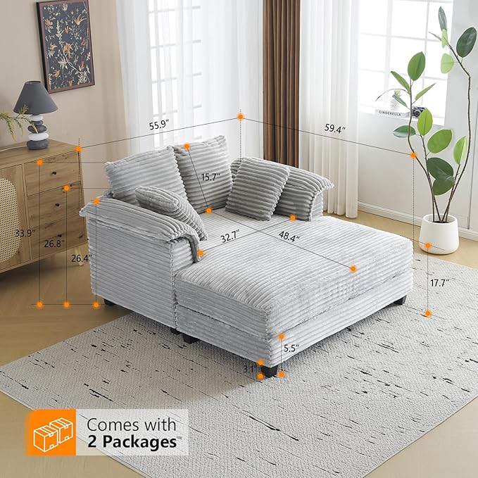 VINGLI 56" Oversized Chaise Lounge Chair, Light Grey Comfy Corduroy Chaise Sofa - Image 2