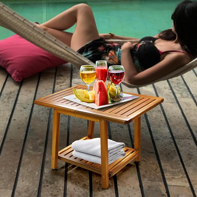 ENKEZI Acacia 24 Inches Outdoor Side Table, 2-Tier Sturdy Patio, End Table - Image 2