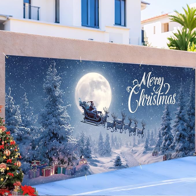 Merry Christmas Garage Door Cover 6x13FT, Santa Sleigh Flying Across Full Moon - Image 6