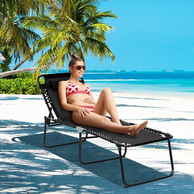 GYMAX Lounge Chairs for Outside, Extra High Folding Beach Tanning Lounger - Image 9