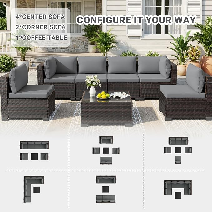 LEVELEVE 7 Pieces Outdoor Patio Furniture Sets, Rattan Conversation Sectional - Image 3