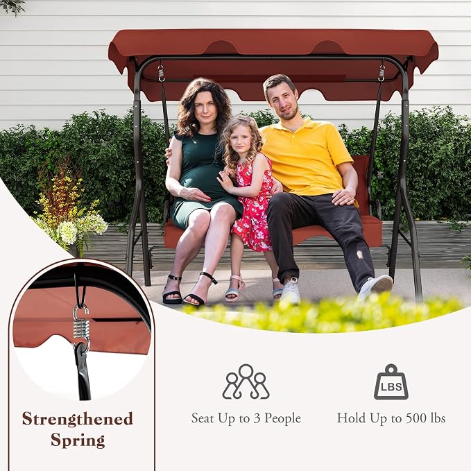 Porch Swing Outdoor, 3 Person Patio Swing w/Removable Cushion, Stand & - Image 8