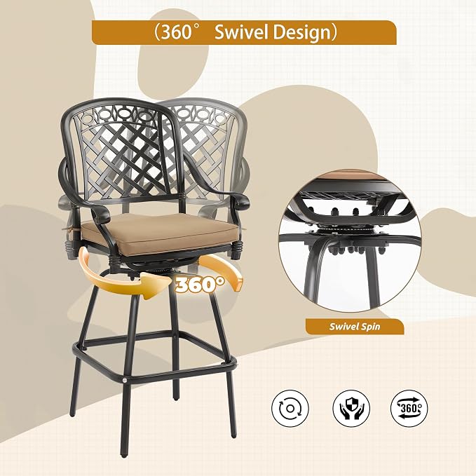 3-Piece Cast Aluminum Patio Bar Set, Outdoor Round High Top Table & 2 Swivel - Image 6