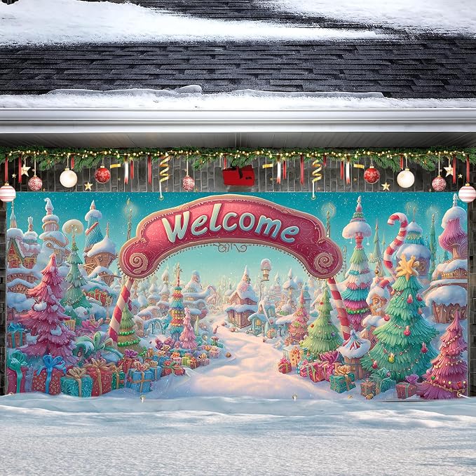 Welcome Christmas Town Garage Door Cover 6x13FT, Candy Land Style Winter - Image 7