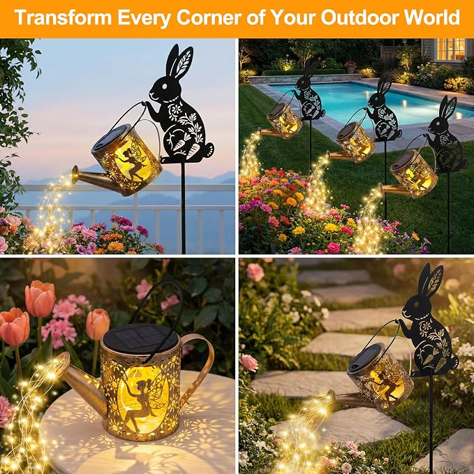 Solar Watering Can Light with Bunny Silhouette Stake & Fairy Design - Image 5