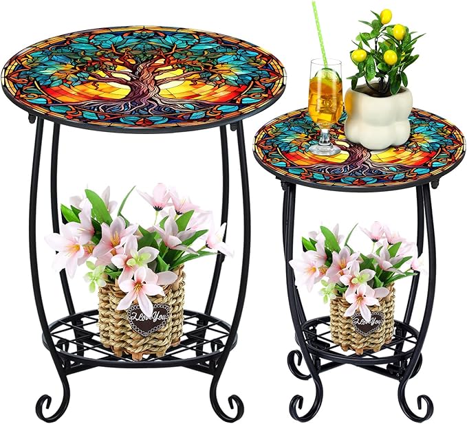2 Pcs Outdoor Side Table Small Patio Round Mosaic Accent Indoor End Table Plant by Cinnvoice