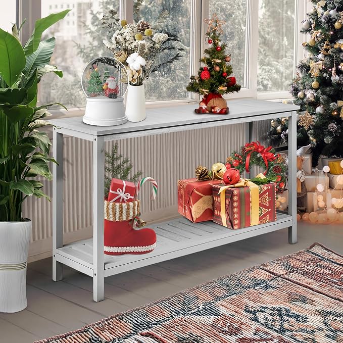 VINGLI 49in Solid Wood Outdoor Console Table, 2-Shelf Wooden Outdoor Accent - Image 2