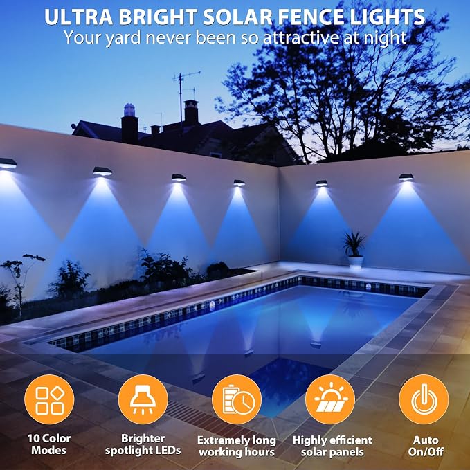 Solar Fence Lights, 9 Lighting Modes ＆ Color Changing Mode IP65 Waterproof - Image 7