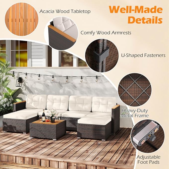 Tangkula 7 Pieces U Shape Outdoor Furniture Set, Patio Rattan Cushioned Chairs - Image 7