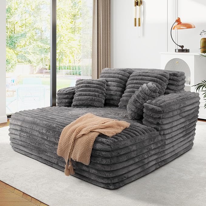 56" Oversized Chaise Lounge Chair Indoor, Plush Faux Fur Sleeper Sofa Couch Bed by JEEOHEY