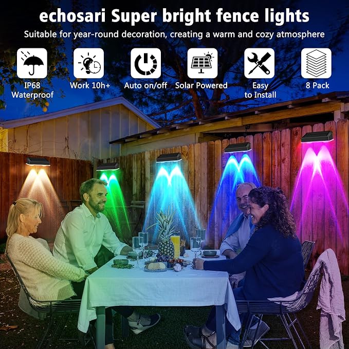 echosari 8 Pack Solar Fence Lights Outdoor Waterproof Color Changing 100 Lumen - Image 3
