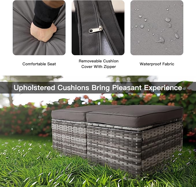 2-Pieces Patio Rattan Ottomans，All-Weather Rattan Wicker Multipurpose Outdoor - Image 6