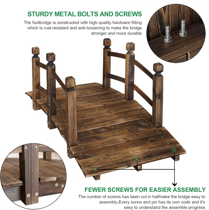 5FT Wooden Garden Bridge Arch Stained Finish Footbridge Decorative Backyard - Image 5