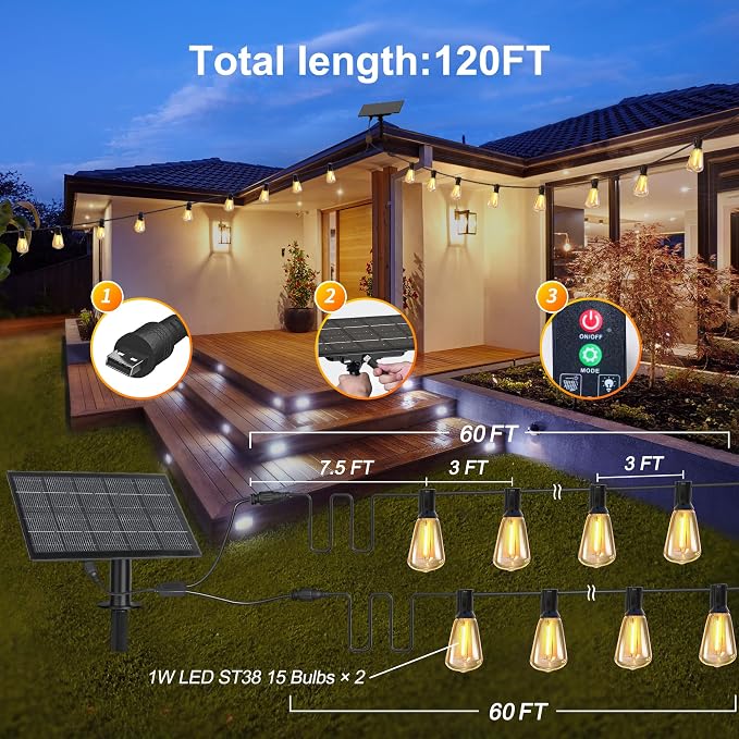 120FT Solar String Lights Outdoor Waterproof - Image 2
