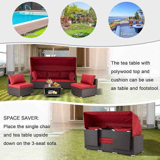 Vicluke 6 Pieces Patio Conversation Sets, Rectangle Wicker Daybed - Image 6