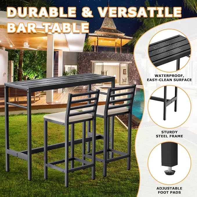 Outdoor Patio Bar Set 3 Piece, 2 Cushioned 41" Bar Stools, Metal Bar Table and - Image 6