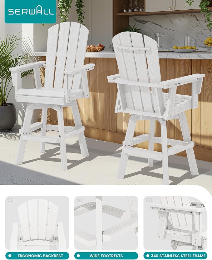 SERWALL Swivel Adirondack Barstools Set of 2, HDPE Outdoor Swivel Bar Chairs - Image 4