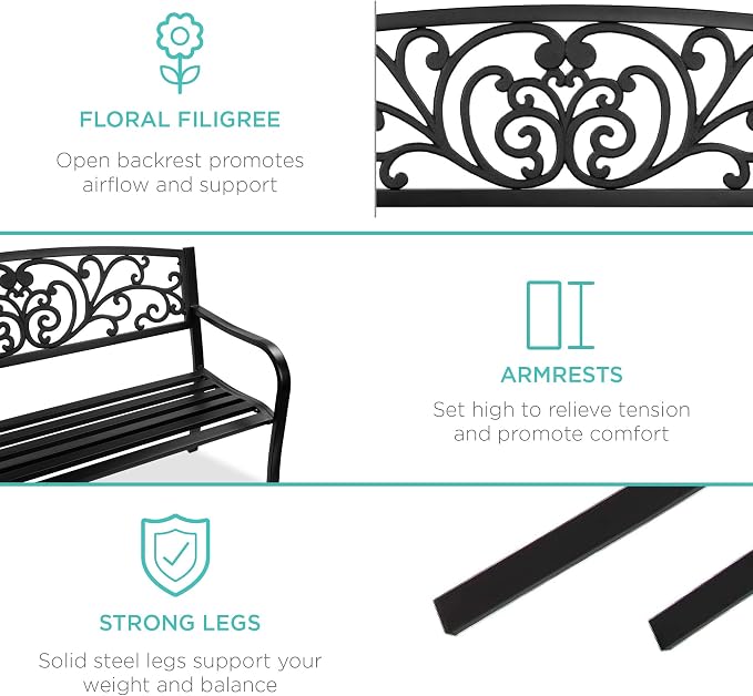Best Choice Products Outdoor Bench Steel Garden Patio Porch Furniture - Image 6