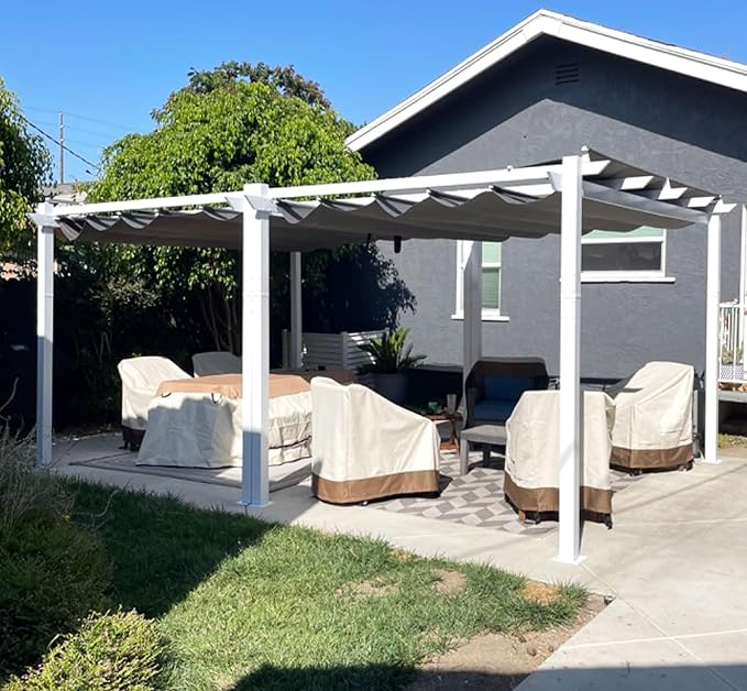 PURPLE LEAF 10' x 13' Aluminum Outdoor Pergola White Wind-Resistant Retractable by Unknown