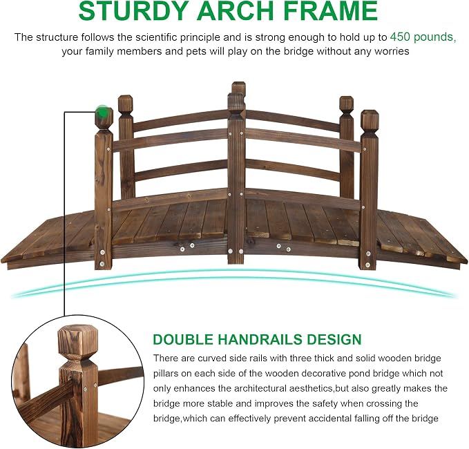 5FT Wooden Garden Bridge Arch Stained Finish Footbridge Decorative Backyard - Image 3