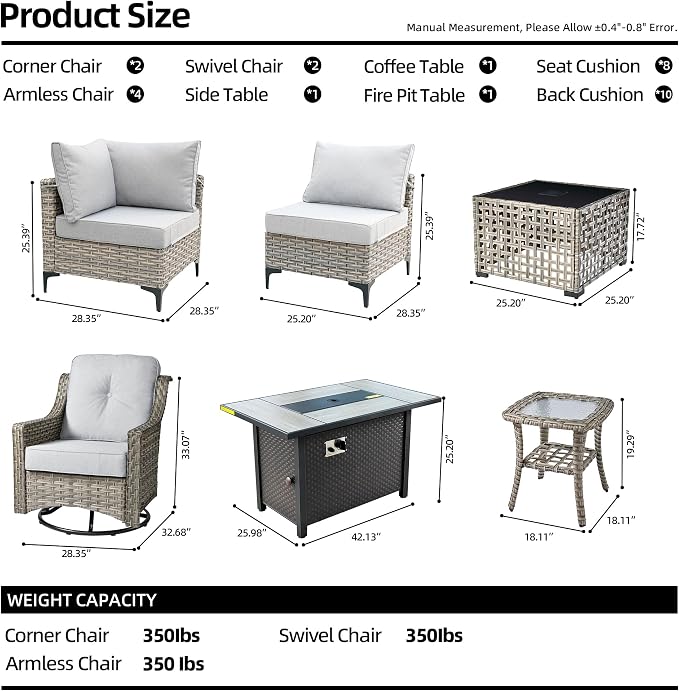 11 Pieces Outdoor Patio Furniture Set, Rattan Wicker Sectional Swivel Rocker - Image 8