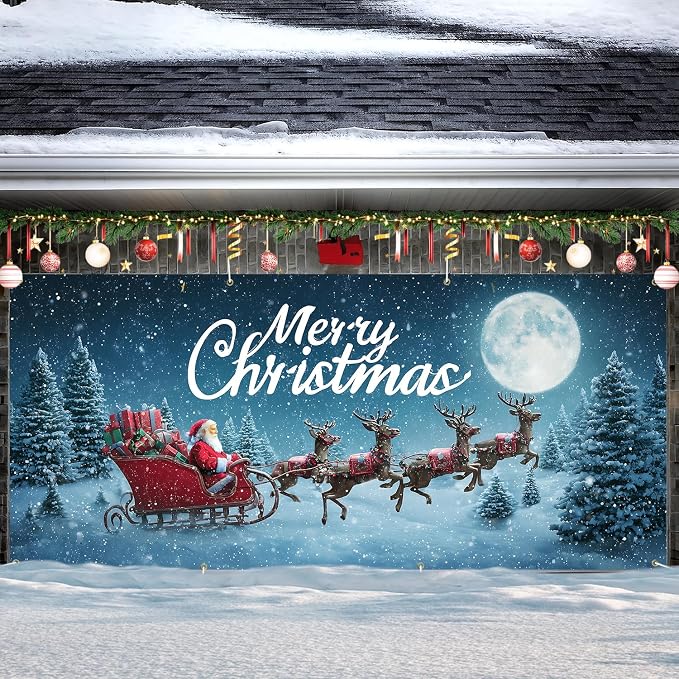 Merry Christmas Red Sleigh Garage Door Banner 6x13FT, Santa - Image 7