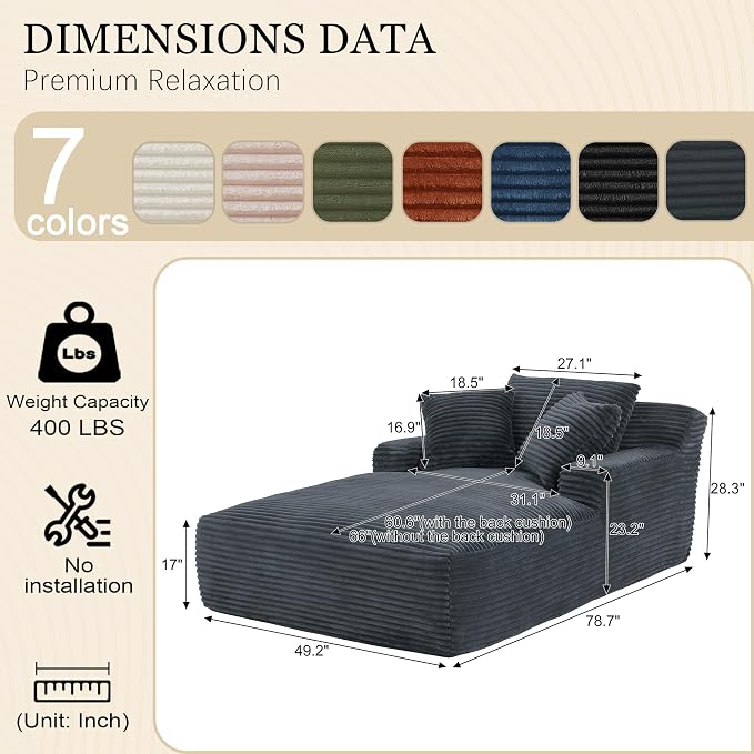 80 Inch Chaise Lounge Chair Indoor, Oversized Corduroy Upholstered Boneless - Image 2