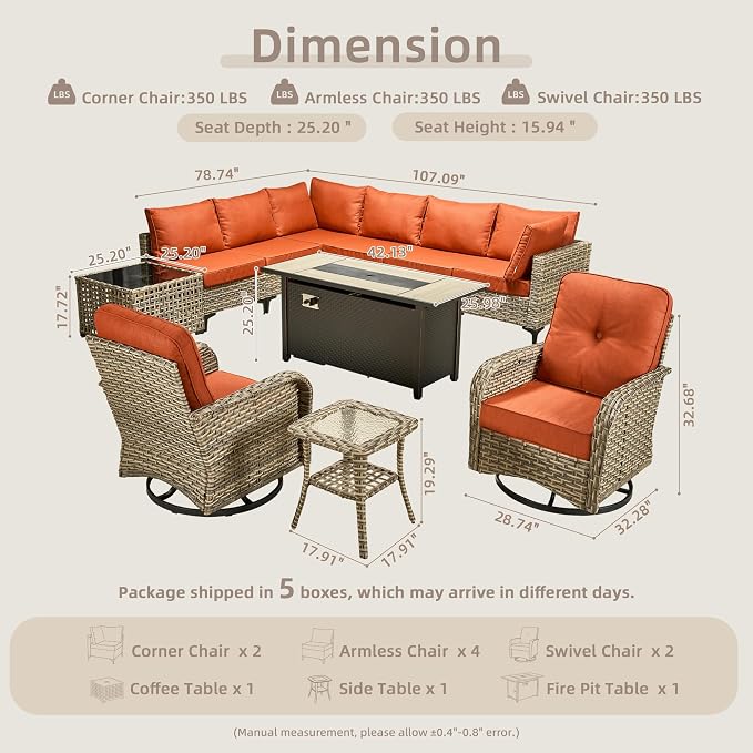 11-Piece Outdoor Sectional Sofa Set w/ 54" Fire Pit – L-Shaped Wicker Patio - Image 8