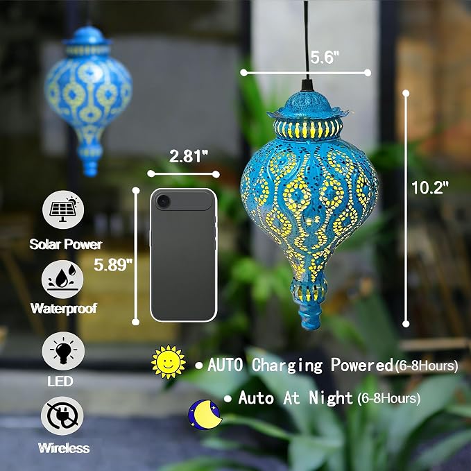 Moroccan Solar Lanterns Outdoor Waterproof Blue Hanging Lanterns Outdoor - Image 3