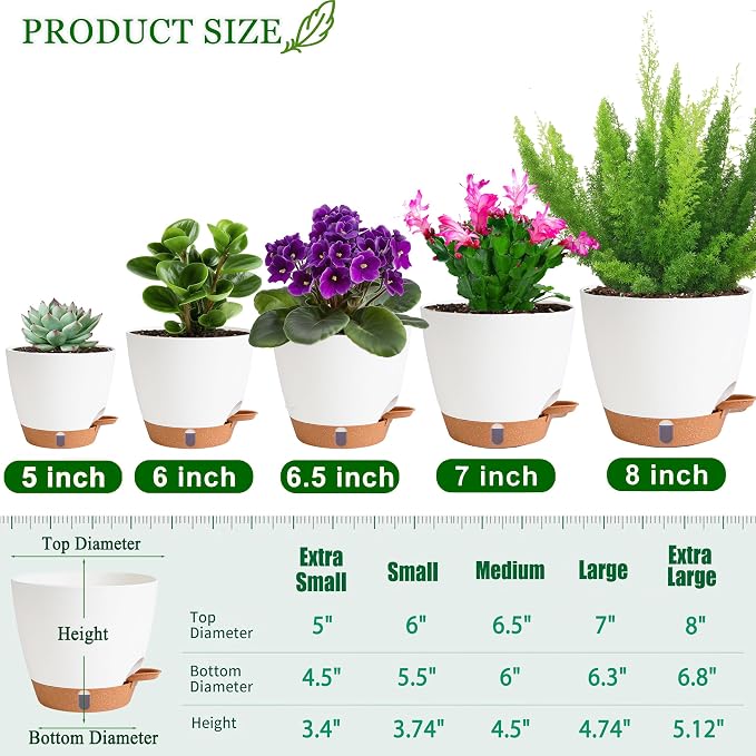 Self Watering Pots for Inoor Ourdoor Plants 8/7/6.5/6/5 Inch Plastic Planters - Image 2