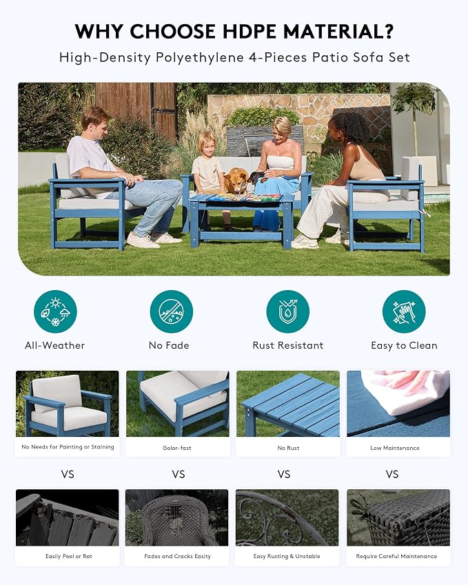 SERWALL 4 Pieces HDPE Outdoor Sofa Set - Image 4