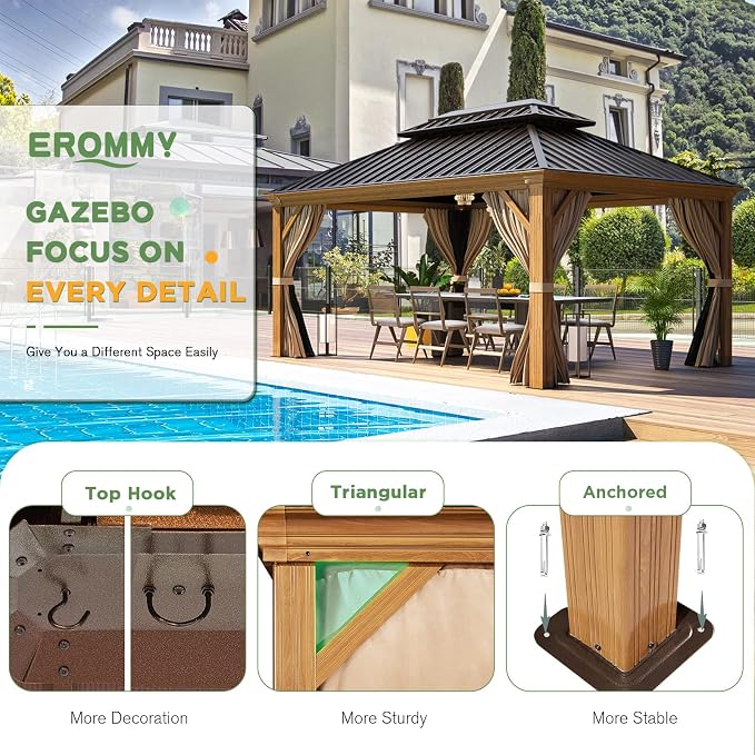 EROMMY 12x14 Gazebo, Wooden Finish Frame Gazebos - Image 6