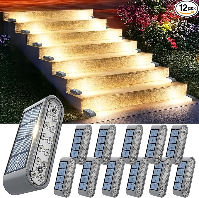 Solar Step Lights for Outside, 14 LED Warm White Light Solar Powered Lighting by XILLUMICORE
