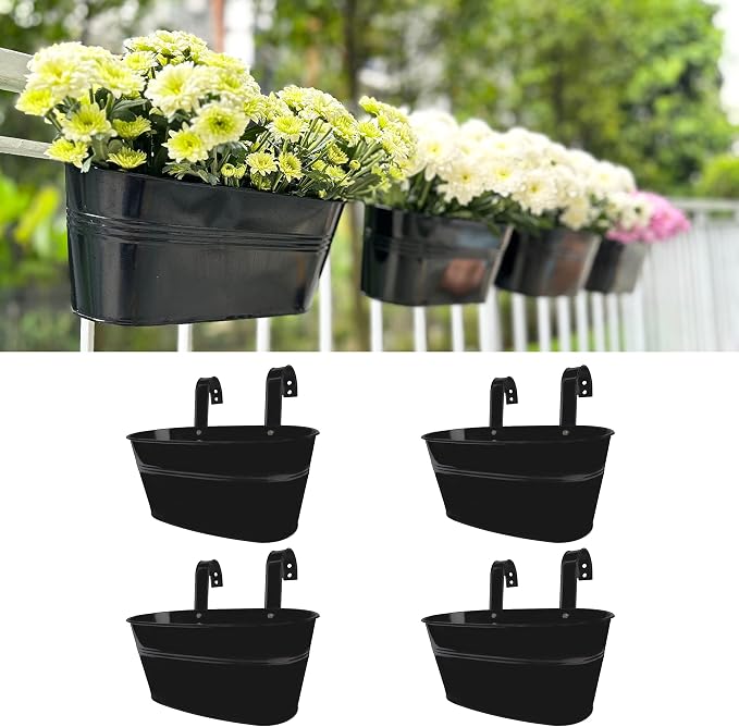 LaLaGreen Outdoor Rail Planter Black Metal Iron Hanging Flower Pots Deck by L%C3%A1L%C3%A1Green