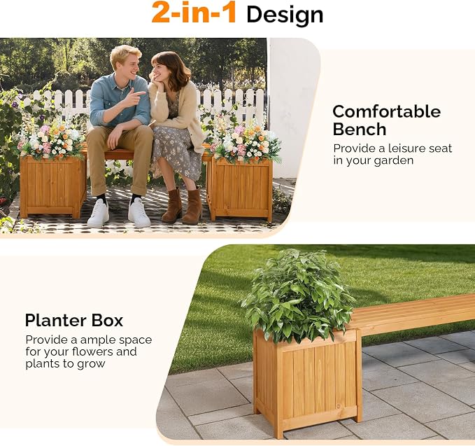 VINGLI Outdoor Wood Bench with Planter Boxes, 2-in-1 All-Weather Porch Bench - Image 7