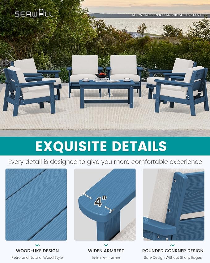SERWALL HDPE Outdoor Furniture Set, 7 Piece All Weather Wood-Like Outdoor Sofa - Image 4