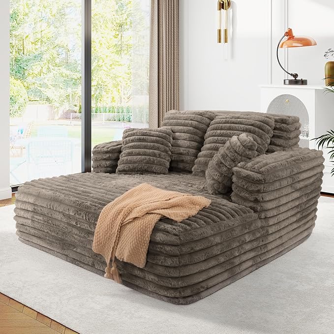 56" Oversized Chaise Lounge Chair Indoor, Plush Faux Fur Sleeper Sofa Couch Bed by JEEOHEY