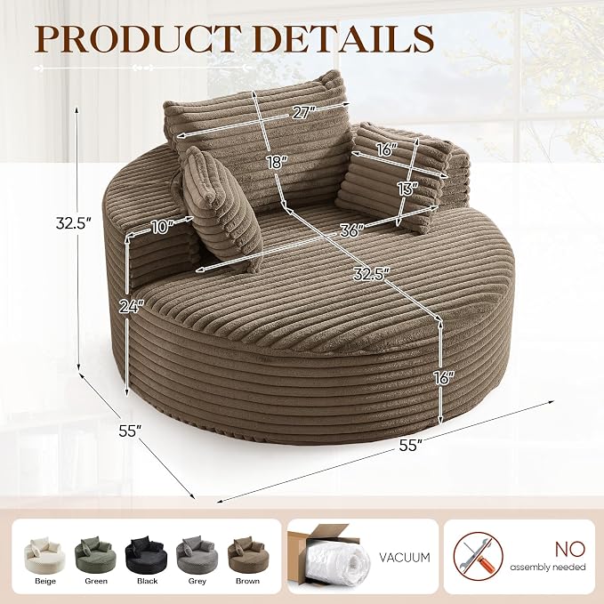 Oversized Round Chaise Longue Chair Indoor, Modern 55-inch Upholstered Corduroy - Image 2
