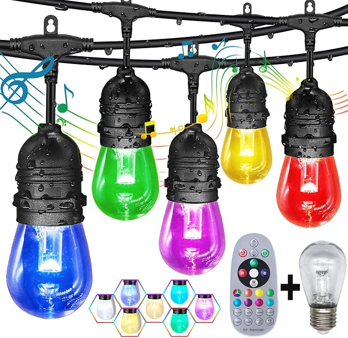 GANA Outdoor String Lights, Patio Lights 48FT Music Flash RGBW Colourful by GANA