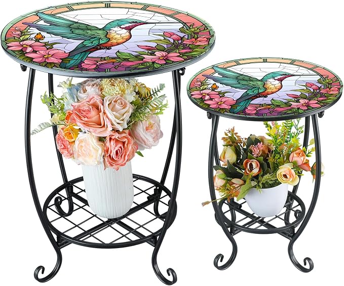 2 Pcs Outdoor Side Table Small Patio Round Mosaic Accent Indoor End Table Plant by Cinnvoice