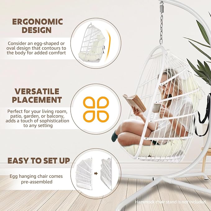 Chihee Egg Chair Foldable Wicker Rattan Hanging Swing Chairs Indoor Outdoor - Image 6