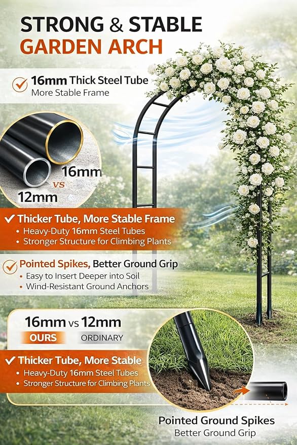 Thickened Tube Garden Arch, 7.3ft Heavy-Duty Metal - Image 4